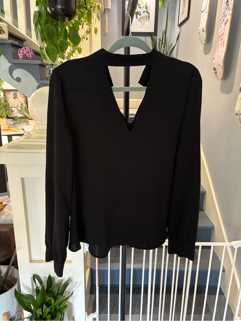 Women's Black Long-Sleeve V-Back Blouse